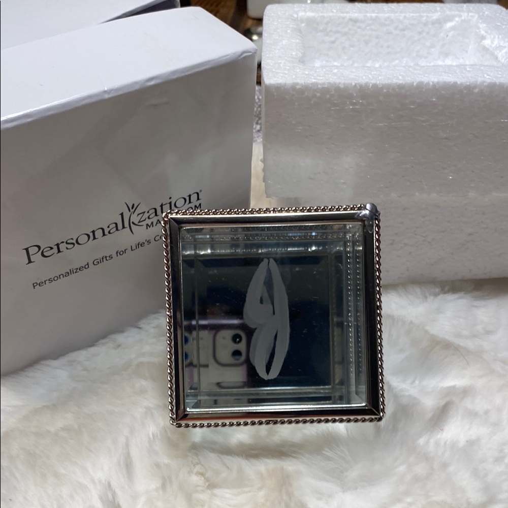 6/$20 Silver Glass & Mirror Ornate  Trinket Box The letter "J" etched on top NWT